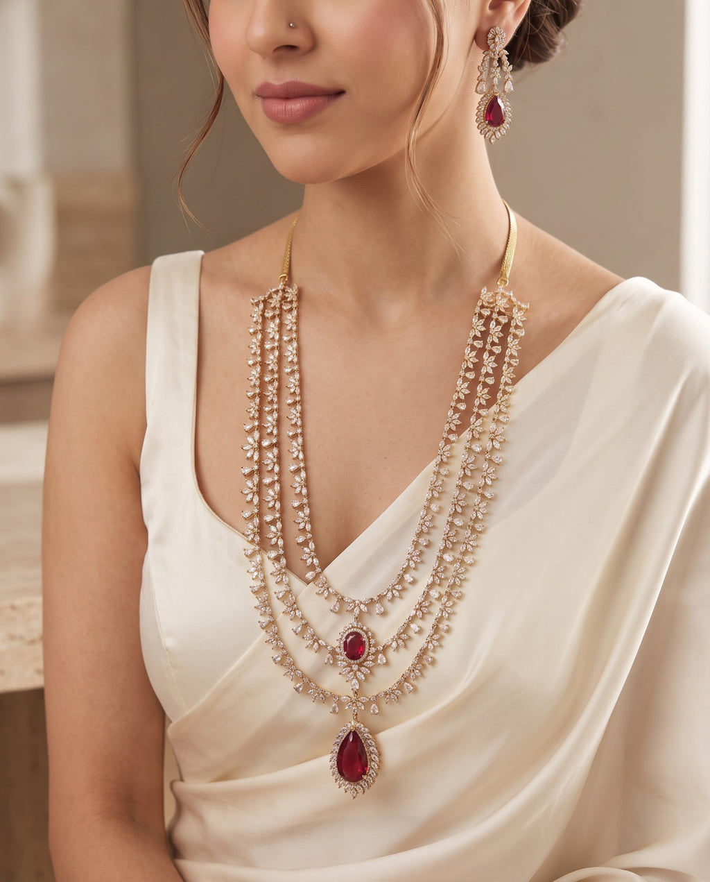 Three Layer Ruby CZ Necklace