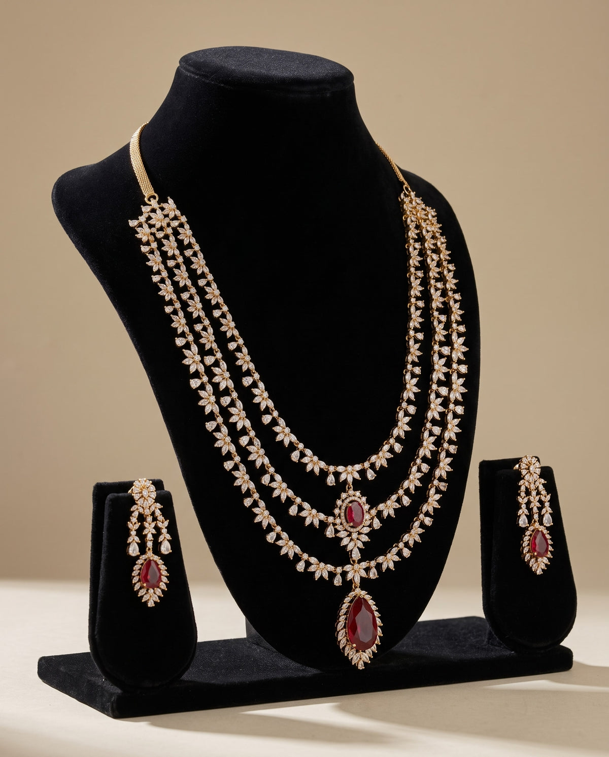 Three Layer Ruby CZ Necklace