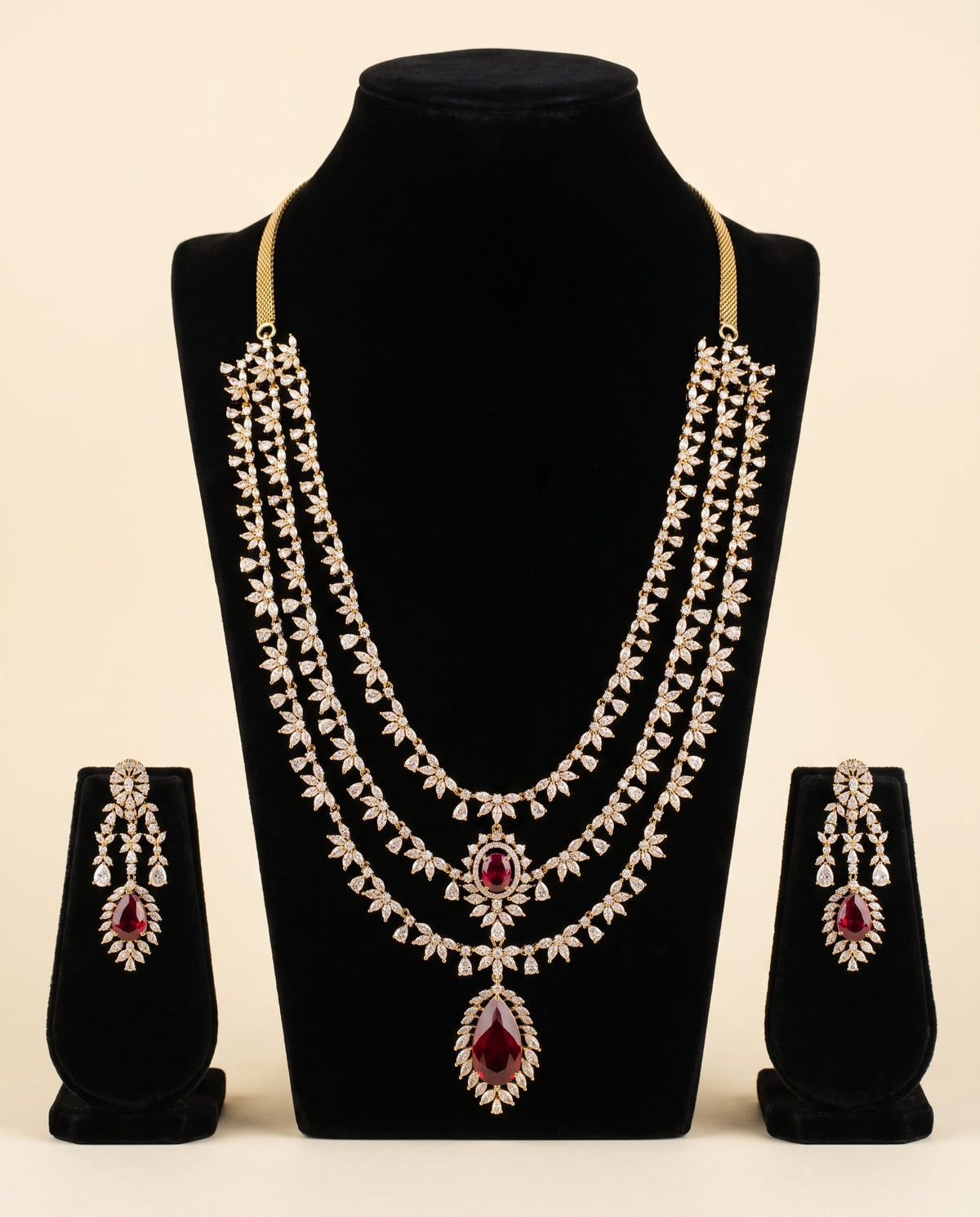 Three Layer Ruby CZ Necklace